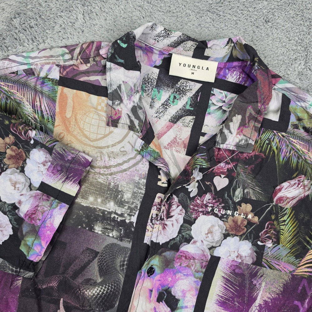 YoungLA Button Shirt Mens M Multicolor Collage Floral Sanke Graphic Viscose 4107